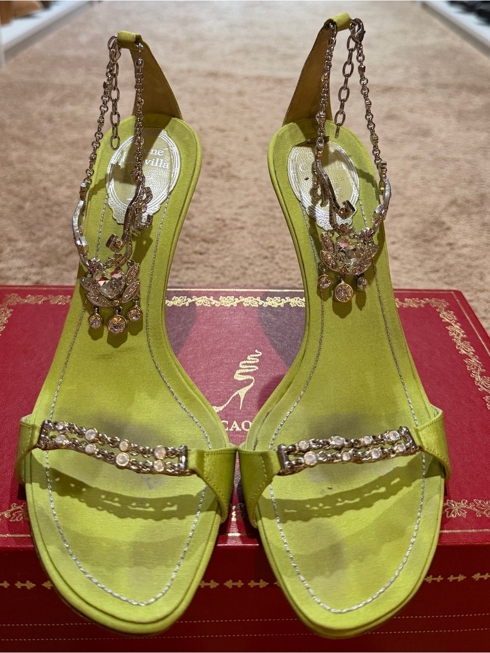 Embellished Ankle Strap Sandals in Lime Green